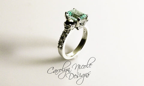 Aquamarine and White Sapphire Skull Ring by Carolyn Nicole Designs