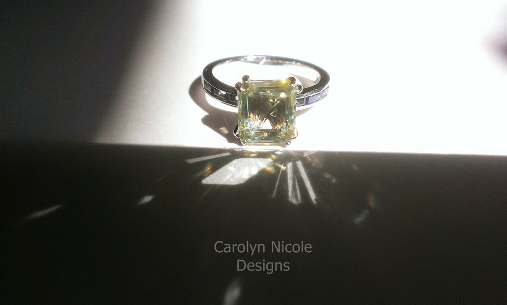 Emerald Cut and Sapphire Baguette Engagement Ring by Carolyn Nicole Designs
