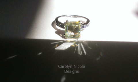 Emerald Cut and Blue Sapphire Baguette Engagement Ring by Carolyn Nicole Designs