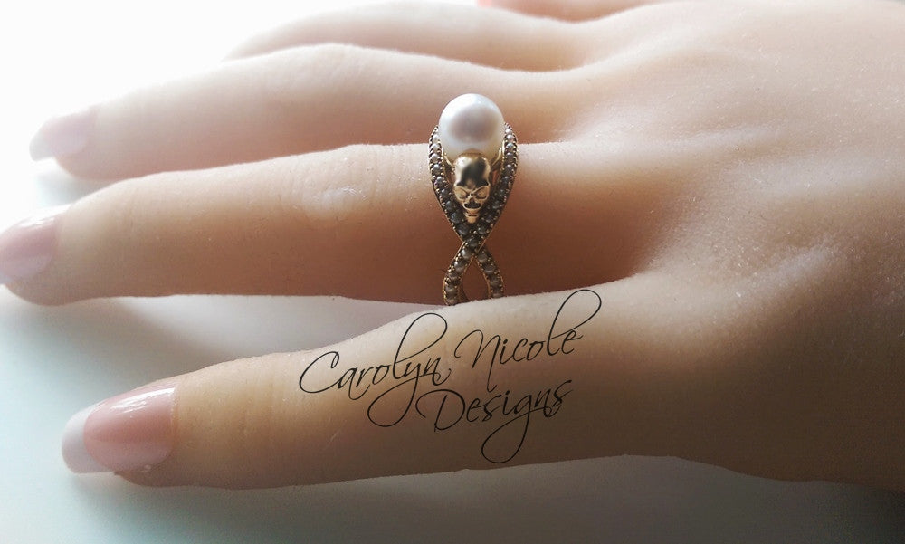 Pearl Skull Engagement Ring by Carolyn Nicole Designs