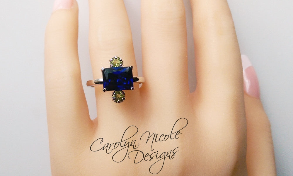 Sapphire and Peridot East West Ring by Carolyn Nicole Designs