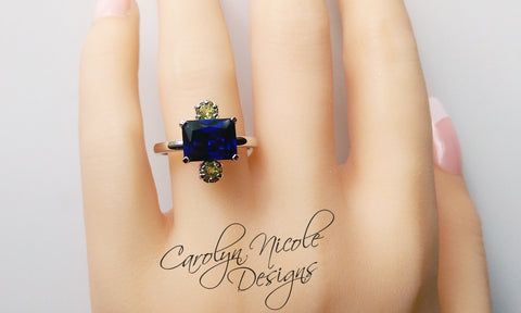 Blue Sapphire and Peridot East West Ring