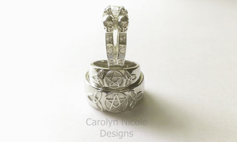 White Sapphire Skull and Pentagram Wedding Rings Set by Carolyn Nicole Designs